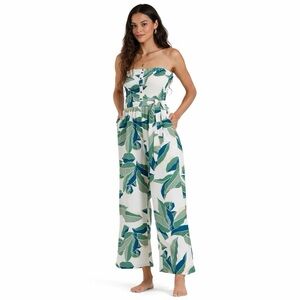 Billabong White, Green & Blue Leaf-Print Smocked Jumpsuit